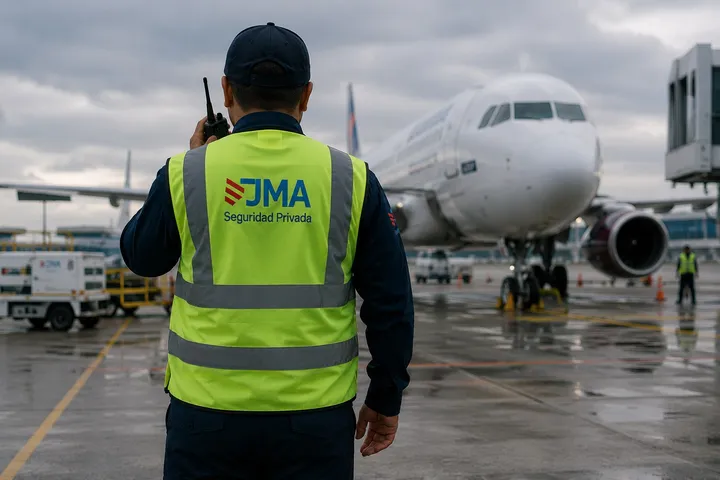 Elemento de JMA en plataforma aeroportuaria frente a una aeronave