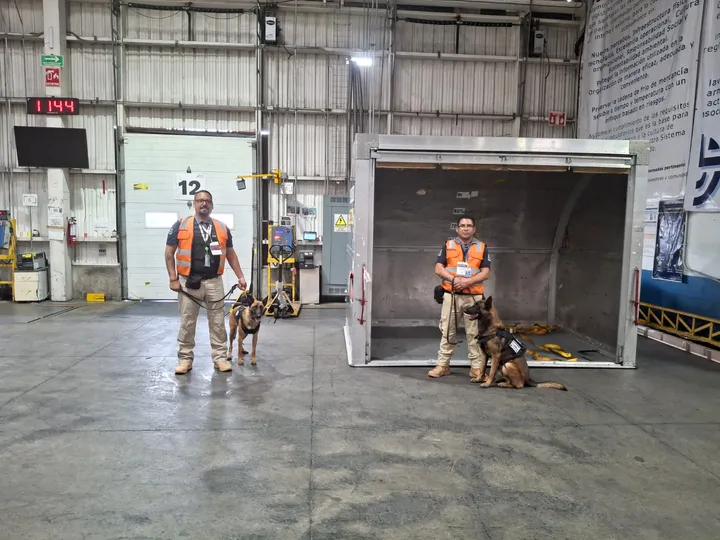 Binomios caninos de JMA K9 inspeccionando carga en un recinto logístico